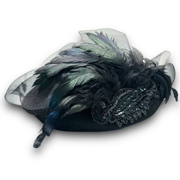 Sierra Accessories Black Feather and Sequin Wool Fascinator Church Womens Hat - Picture 1 of 7